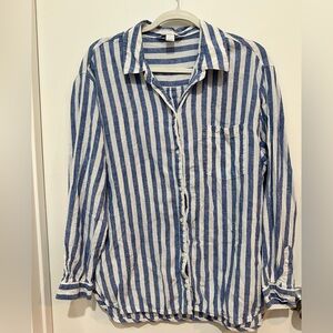 Old Navy Blue and White Striped Women's Button Down Linen Shirt